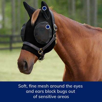Close up of fine mesh ear protection on horse fly mask
