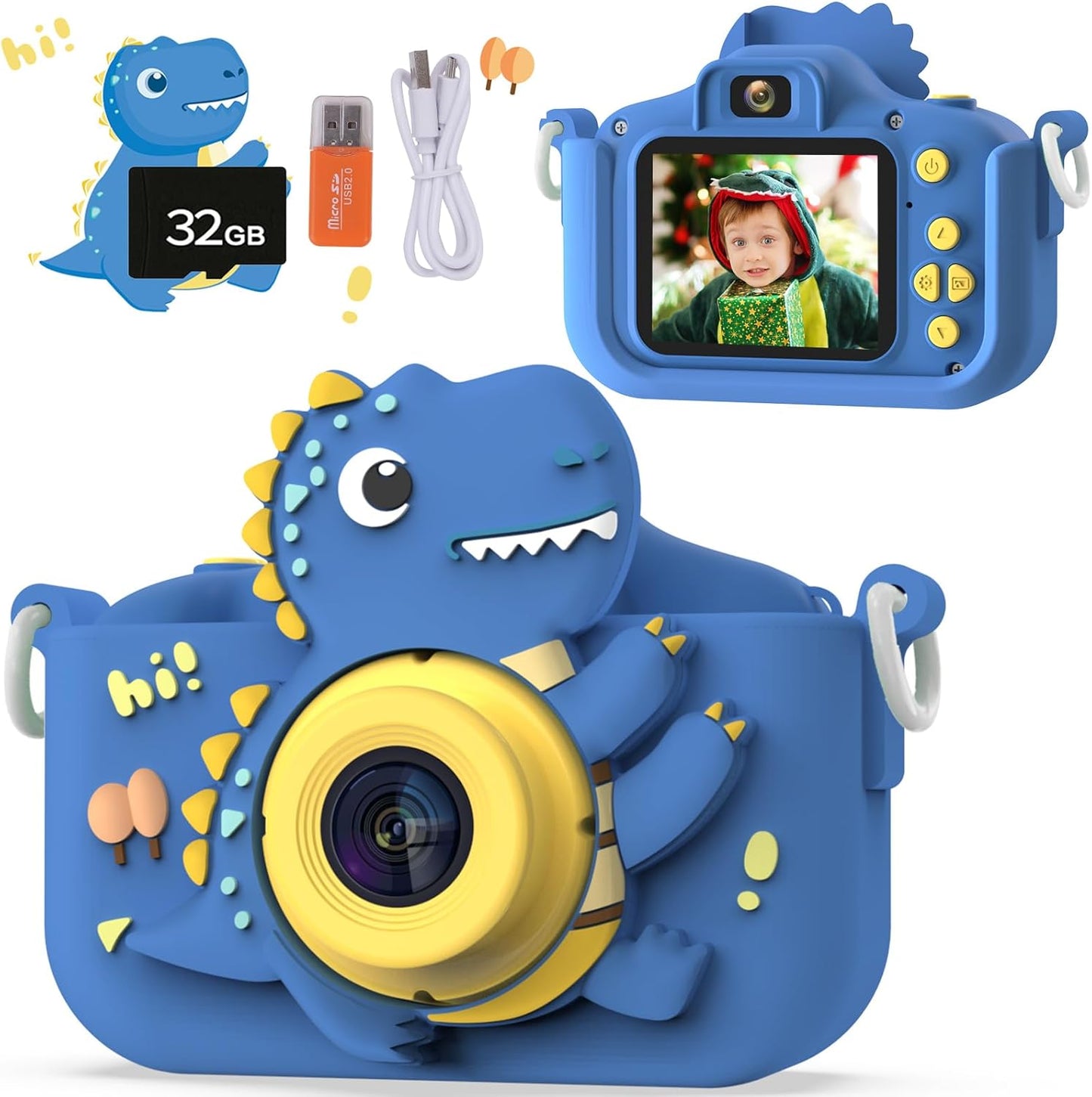 NIDOOT dinosaur kids digital camera front view displaying the cute blue protective silicone shell and lens.