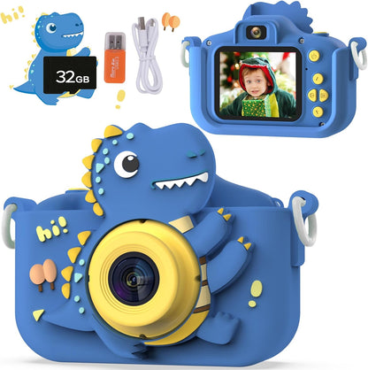NIDOOT dinosaur kids digital camera front view displaying the cute blue protective silicone shell and lens.