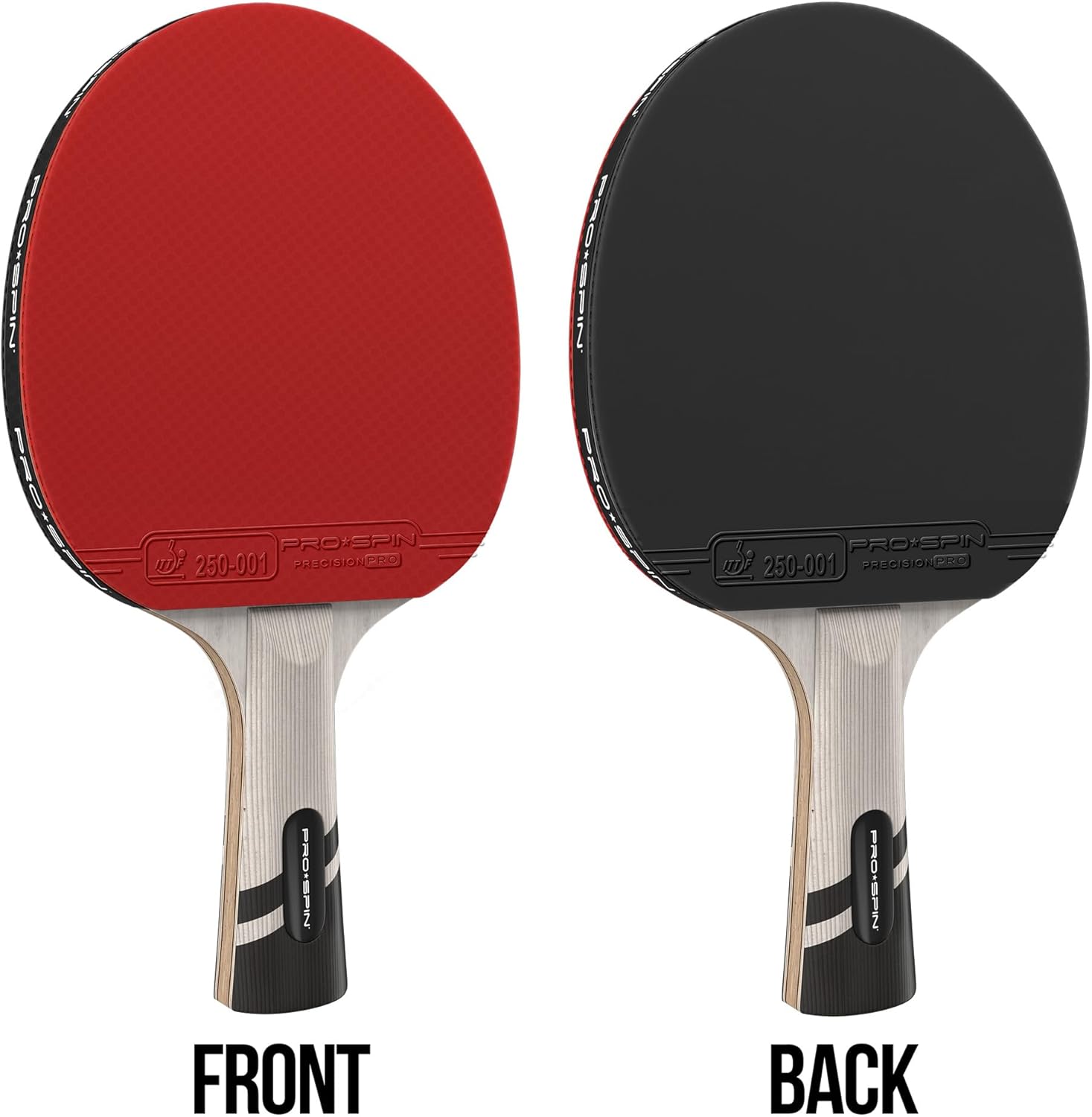 PRO-SPIN carbon performance level racket highlighting the high tack 2.0mm offensive sponge surface.