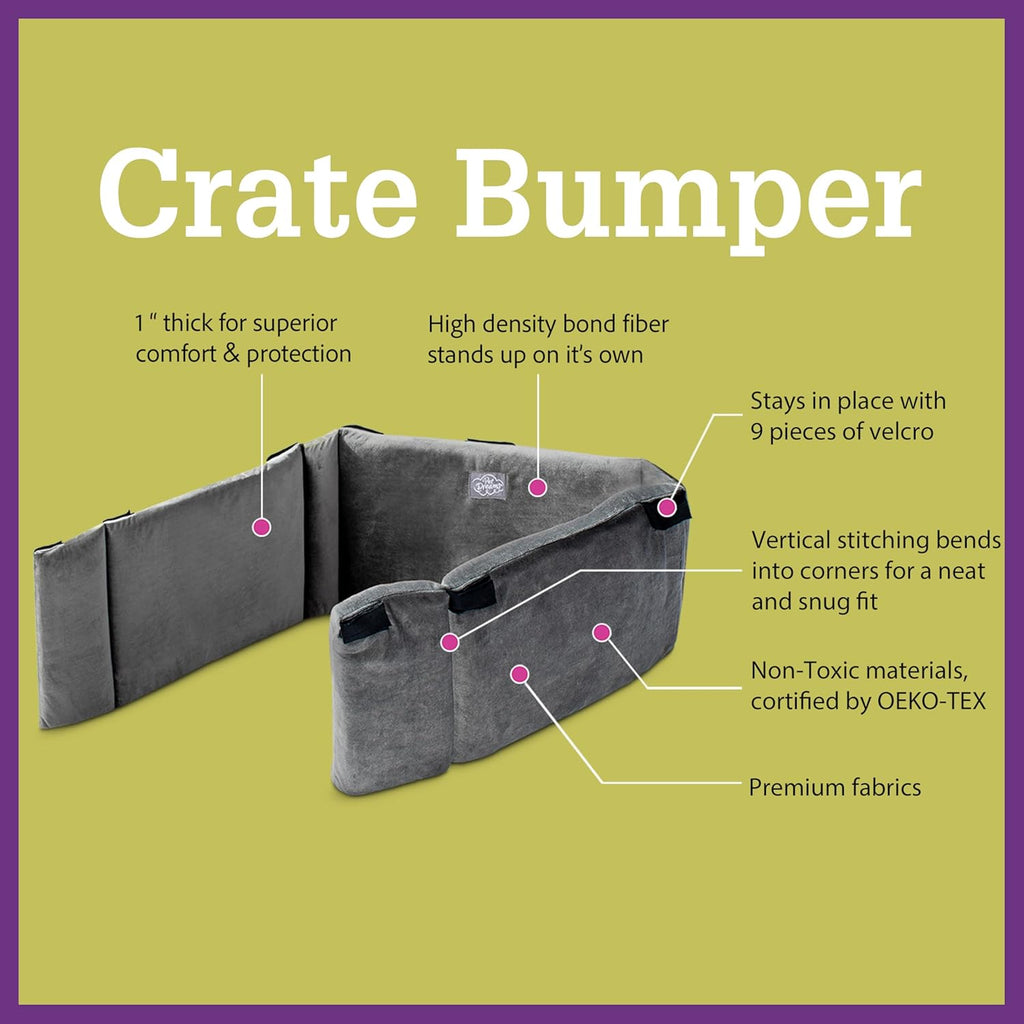 Pet Dreams protective safety bumper pad attached to metal kennel bars with straps