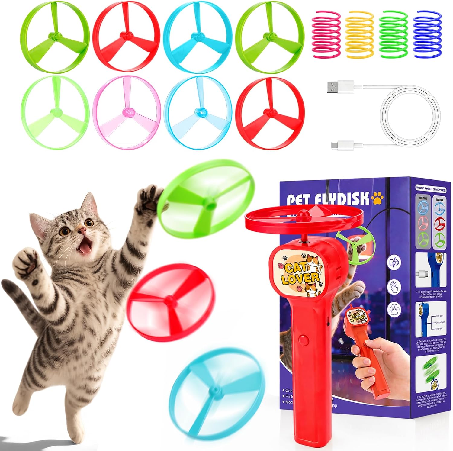 BABORUI Cat Toy Disc Launcher, Rechargeable Interactive Cat Fetch Toy Launcher with 8 Flying Discs, Flying Enrichment Toys for Indoor Bored Kittens & Adult Cats (Yellow) - Image 14