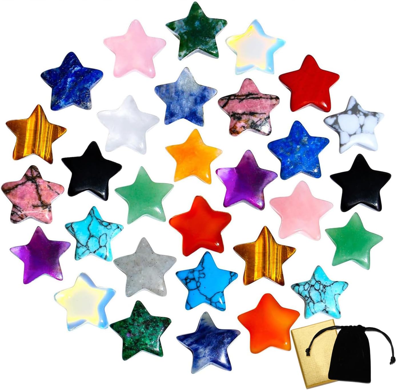 DUQGUHO 20 Pieces Crystals Star Natural Healing Crystal Set front view showing assorted multicolored gemstone stars.