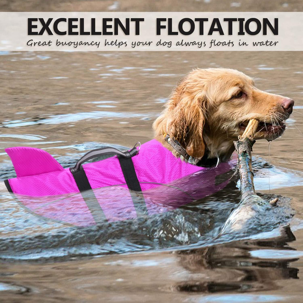 Queenmore shark fin dog life vest back view displaying the sturdy nylon rescue handle and reflective panels.