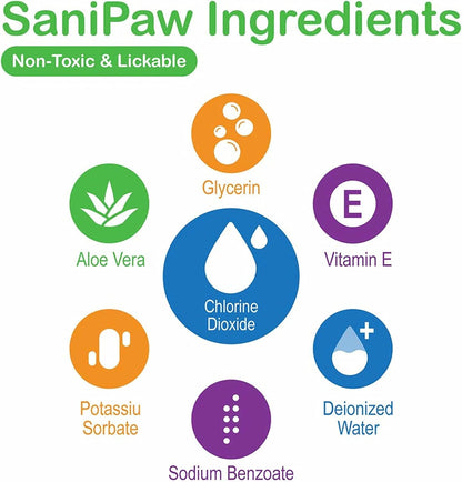 PawZ SaniPaw spray bottle showing ingredient benefits