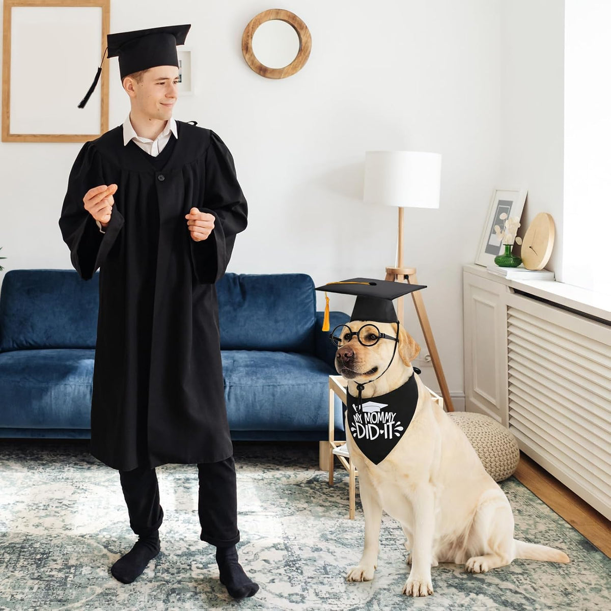 Medium size dog posing for graduation photo session in full outfit