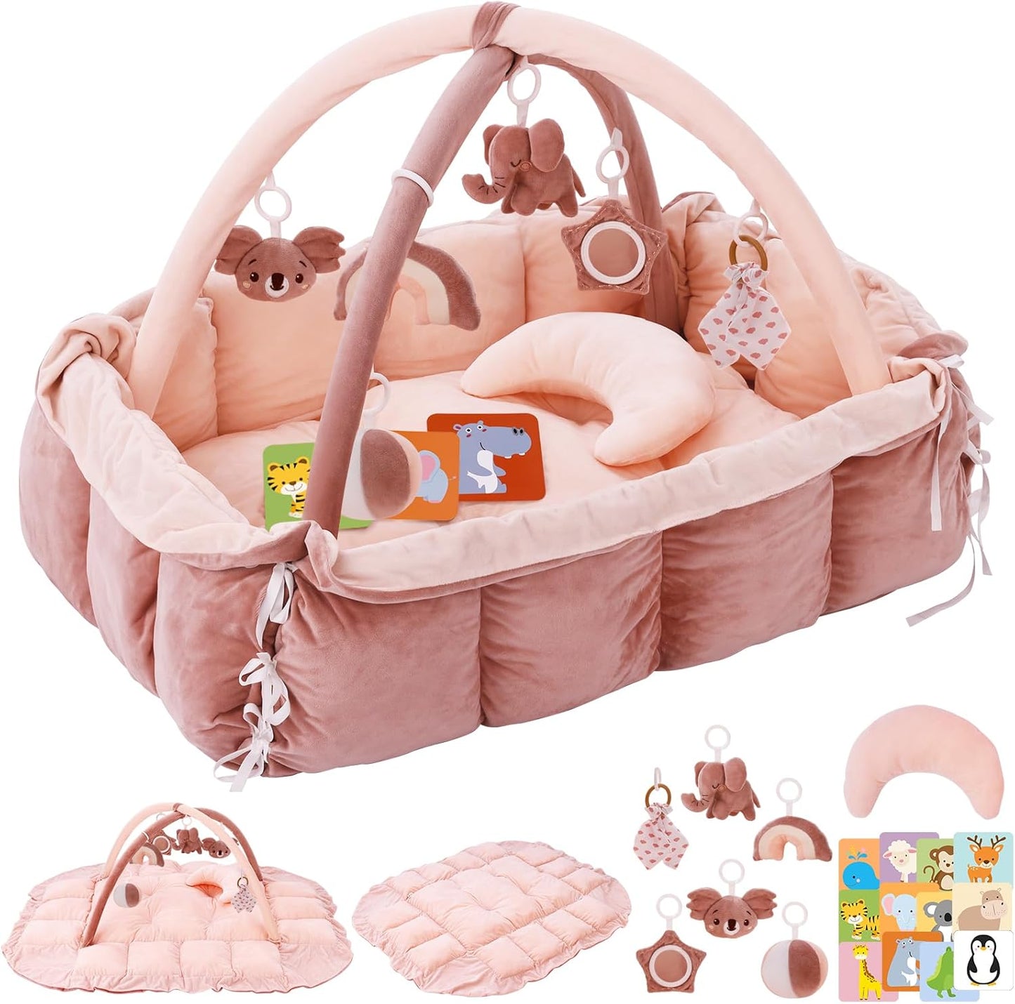 Foryoomi 5-in-1 plush baby play gym front view with sensory toys