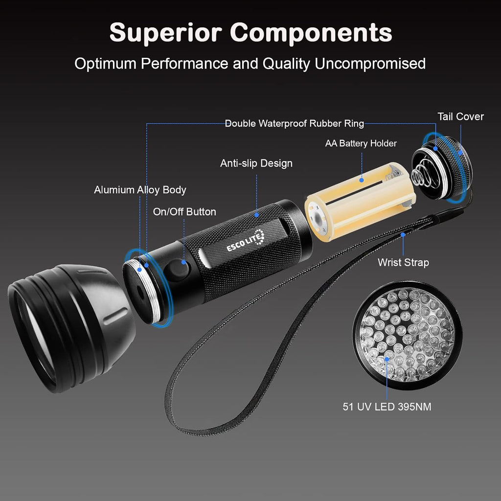 Escolite 12 LED mini UV flashlight compact size comparison for travel and bed bug checks