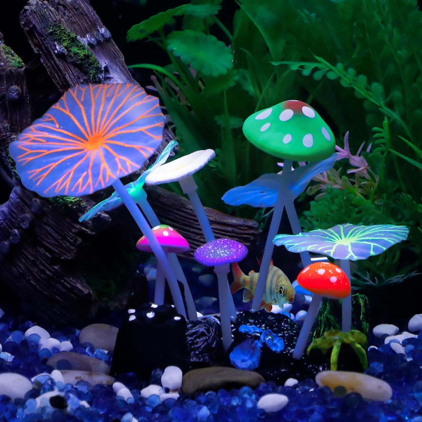 Uniclife aquarium coral plant ornament front view glowing under blue actinic fish tank lights