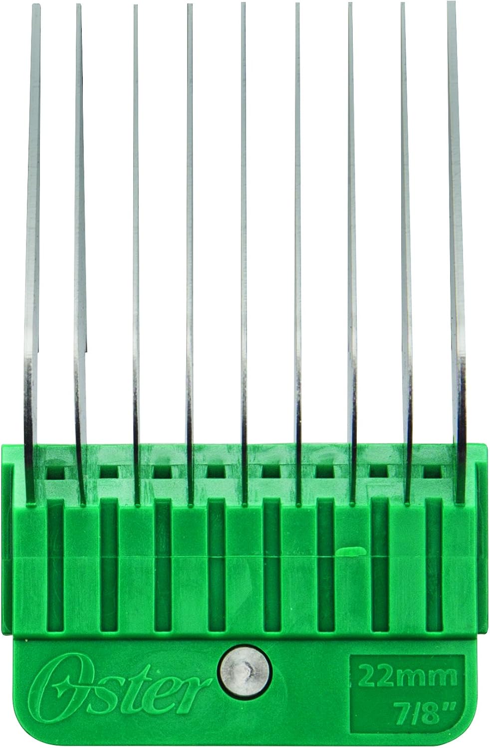 Full layout of the ten piece Oster metal guard comb kit with portable carrying case for pet parents