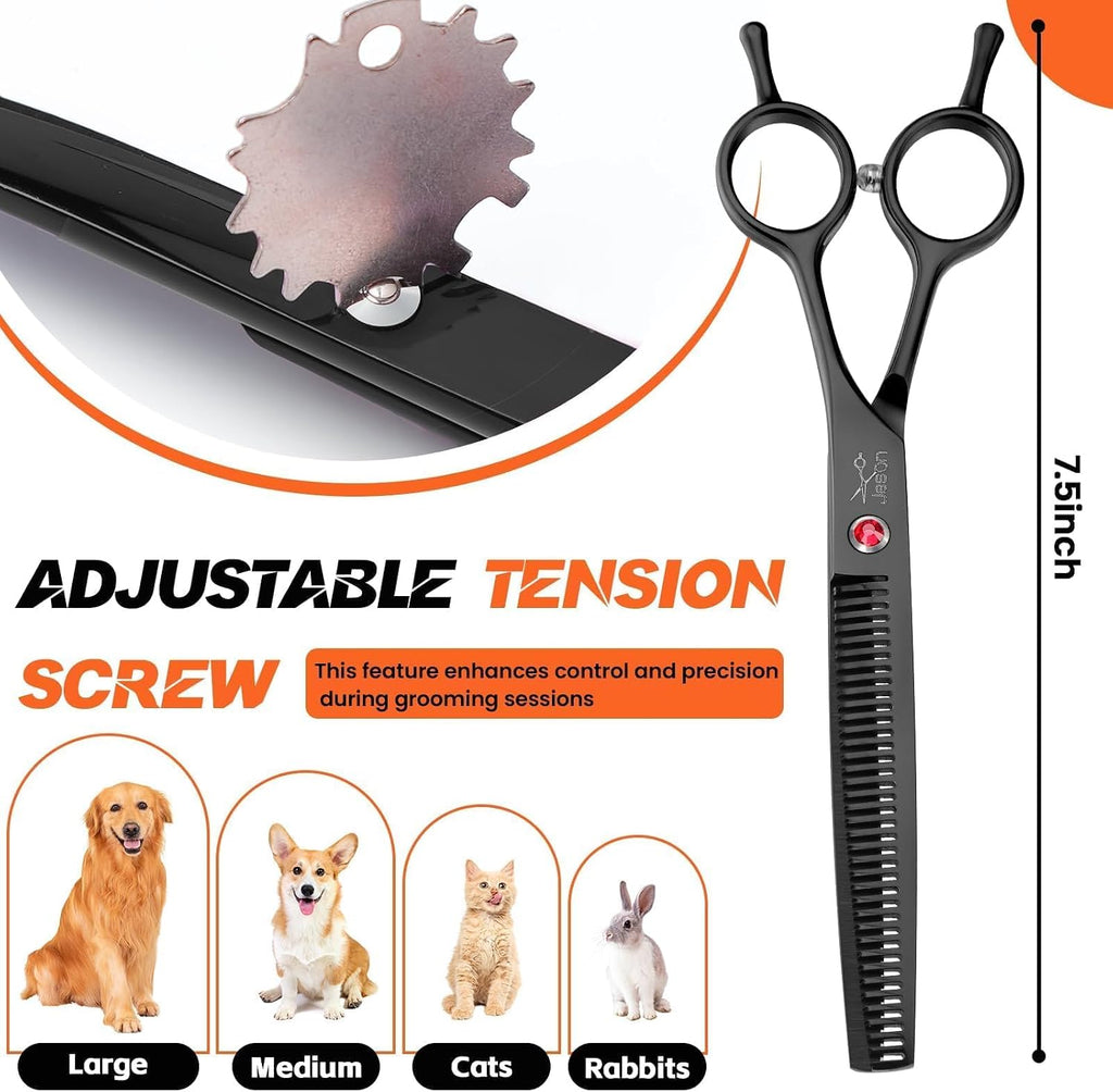 Black ergonomic 7 inch pet grooming scissors close up