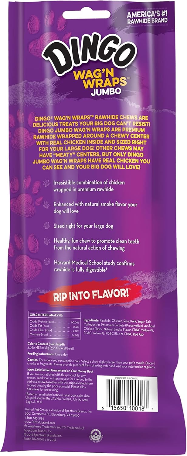 Dingo Jumbo rawhide dog chews back label showing ingredients