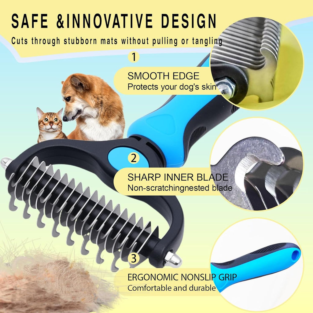 Ergonomic non slip blue and black handle grip of the professional pet rake