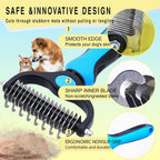 Ergonomic non slip blue and black handle grip of the professional pet rake