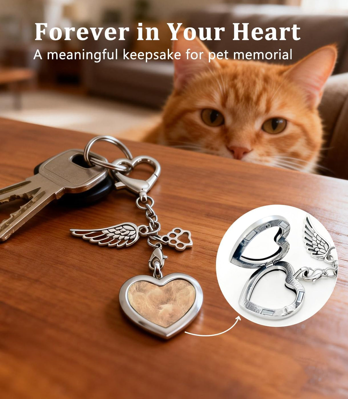 CYLDGNS stainless steel pet remembrance keyring showcasing attached paw print and angel wing charms.