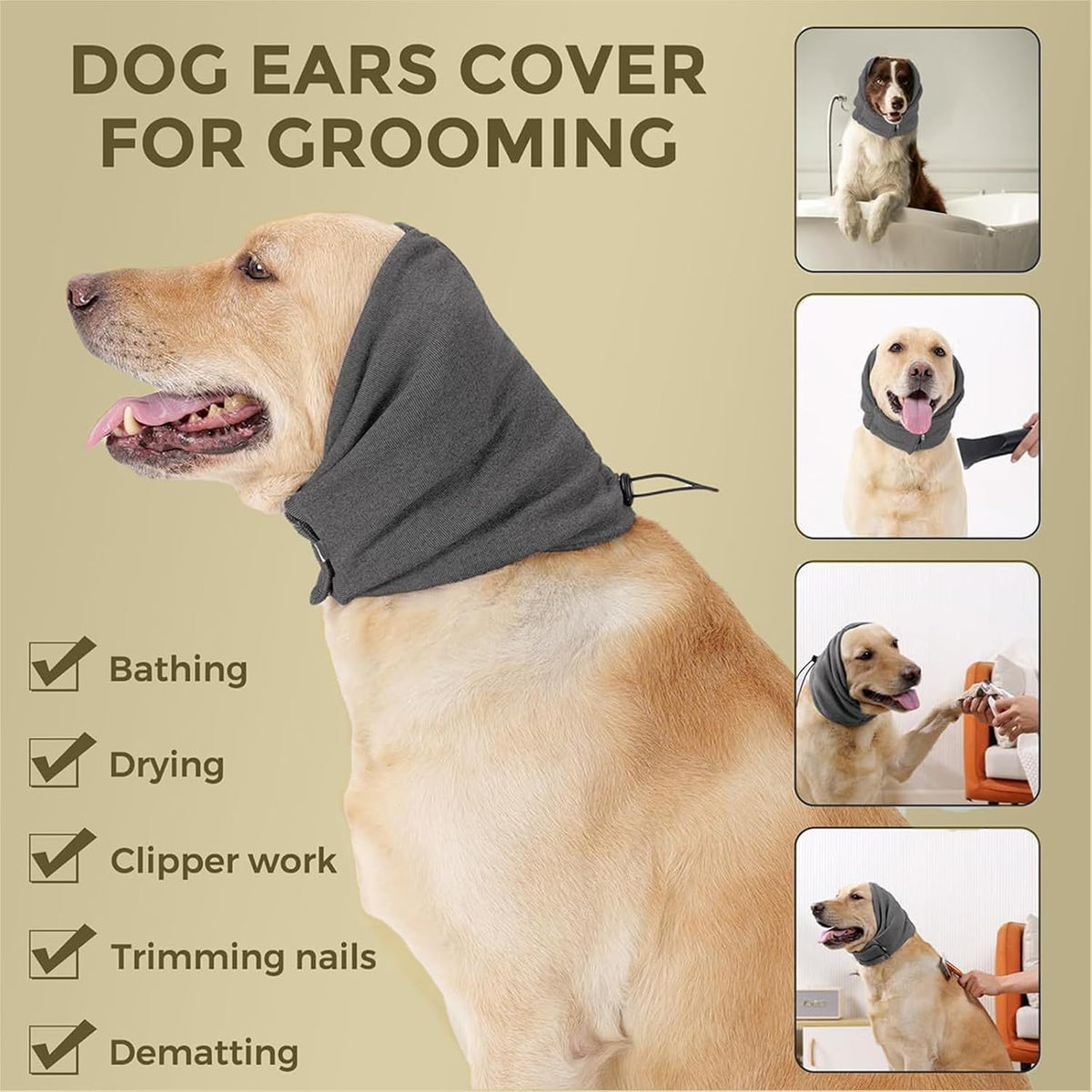 Tiagoboo dog ear protector showing the secure adjustment toggle close up view
