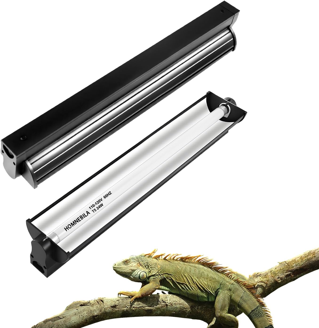 Homnebila T5 10.0 UVB reptile light fixture front view showing the 22 inch tube lamp.