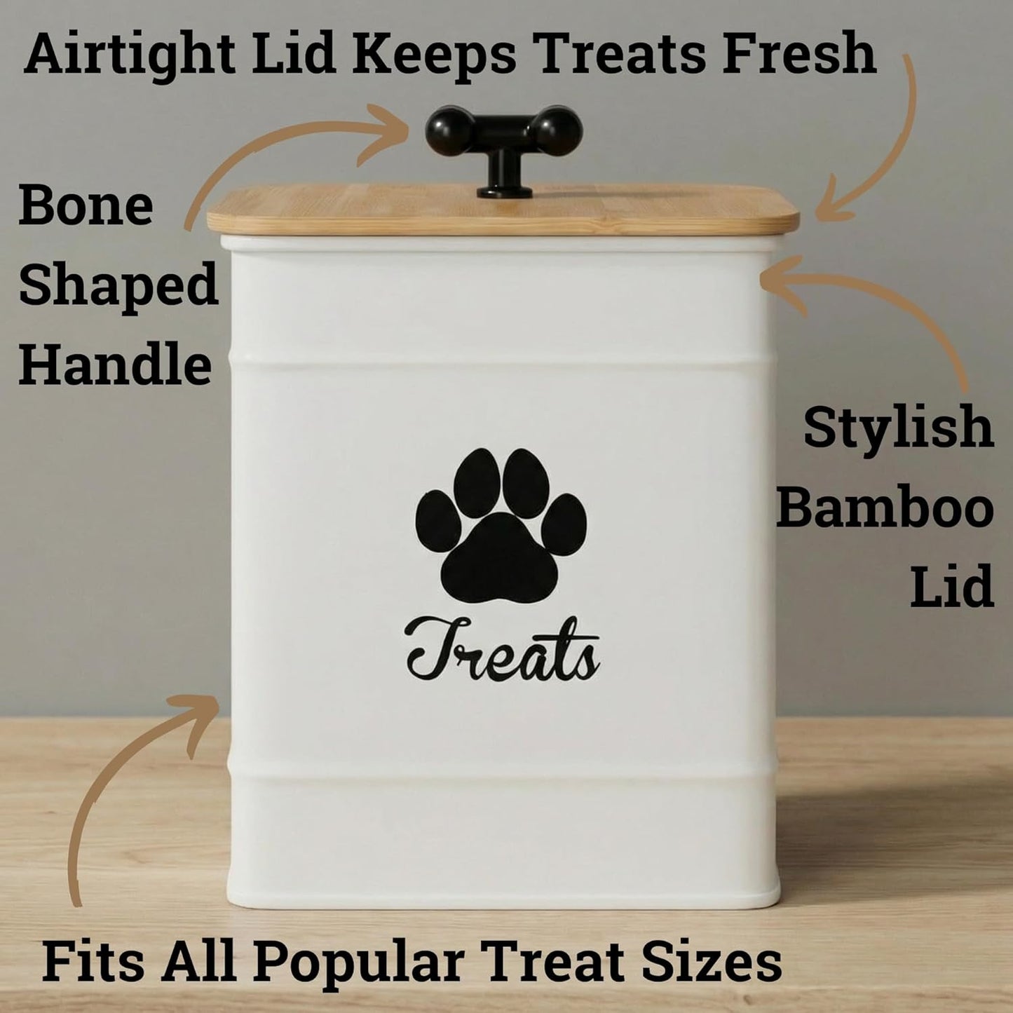 White iron pet treat jar with bamboo lid on kitchen counter