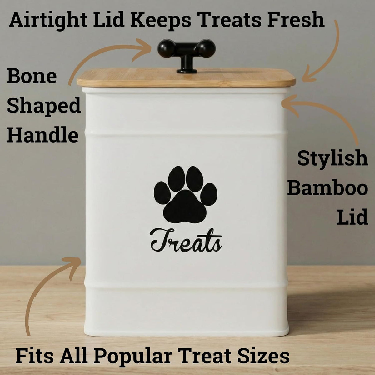 White iron pet treat jar with bamboo lid on kitchen counter