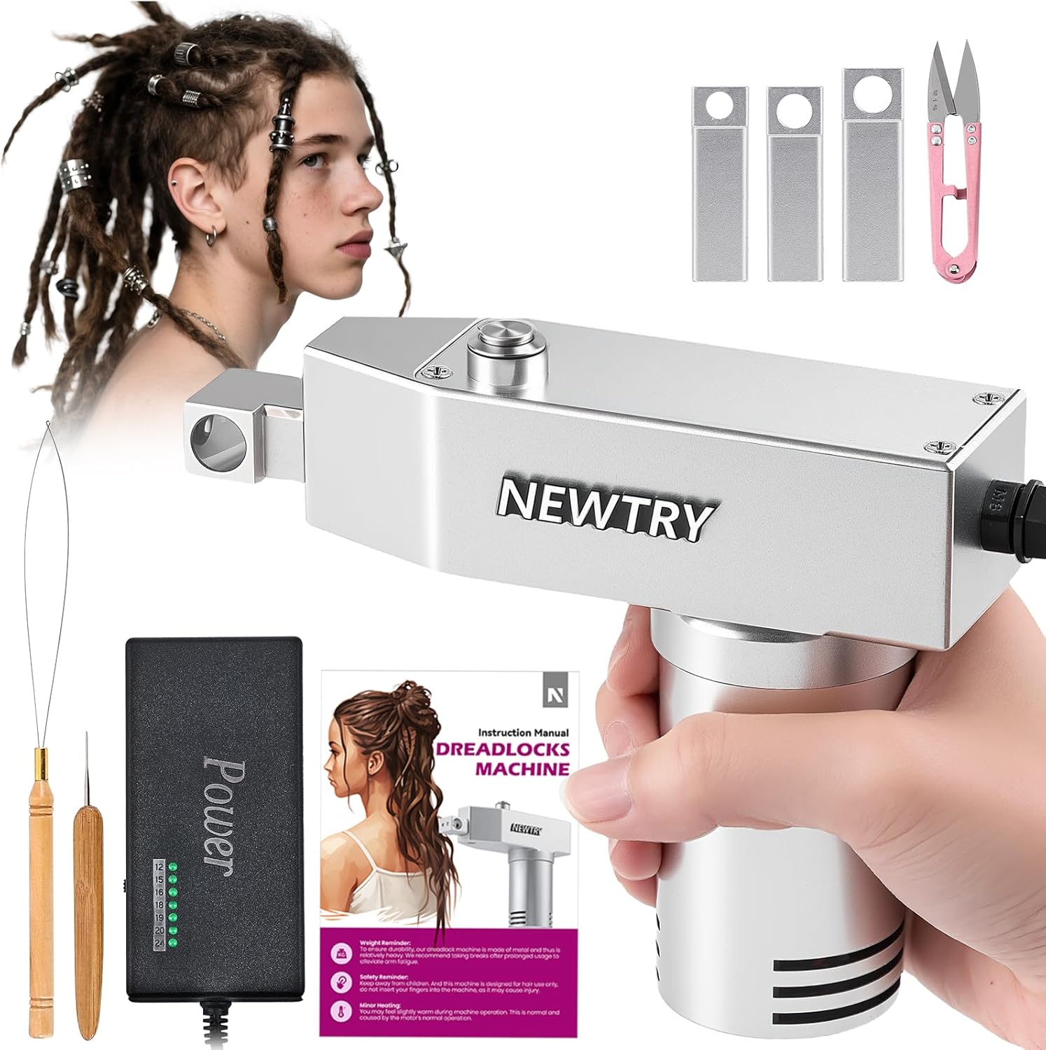 NEWTRY Dreadlocks Machine front view showing dual automatic crochet needles.