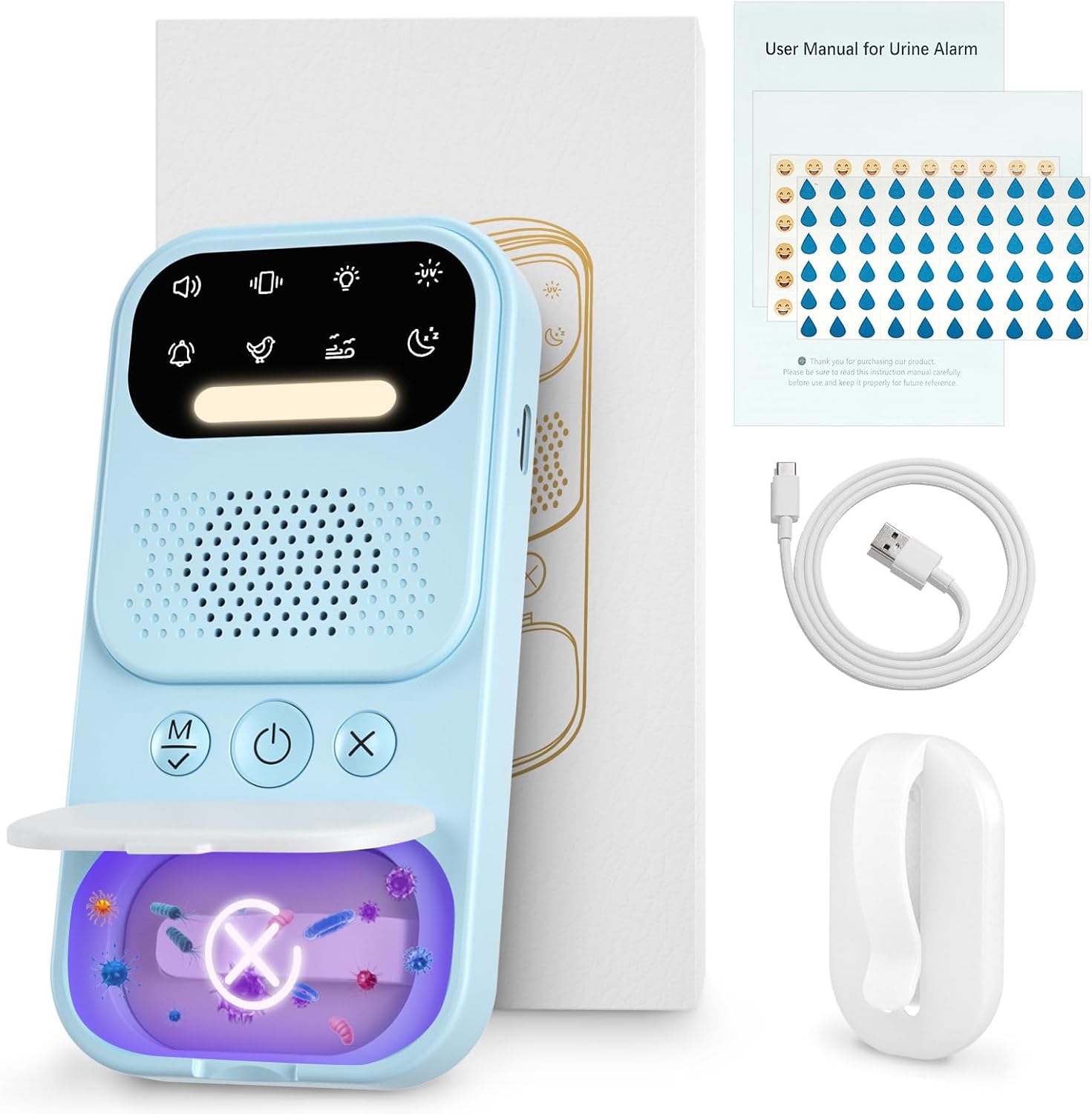 Danzhang wireless bed wetting alarm front view with receiver and sensor units.