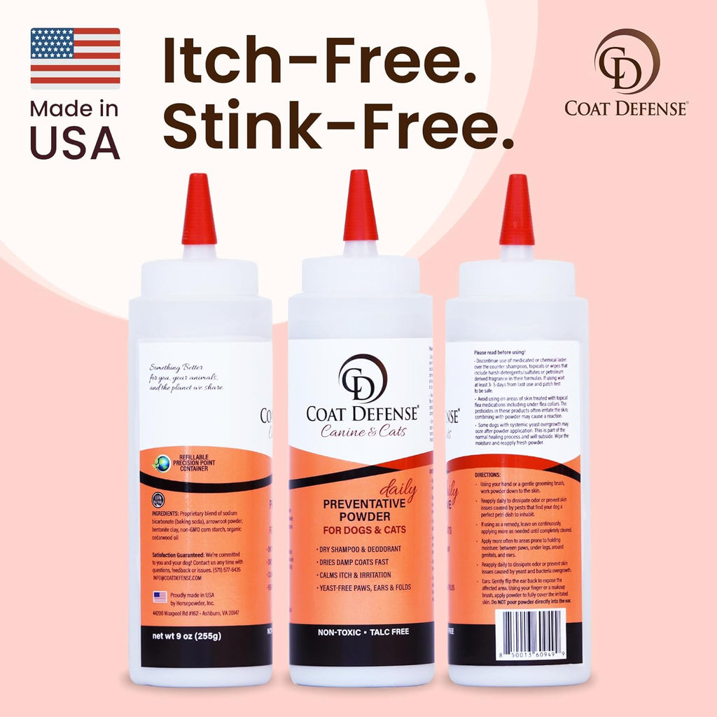 Dog grooming routine using Coat Defense preventative powder