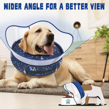Toptakeit anti-licking medical dog collar with space pattern design closeup.