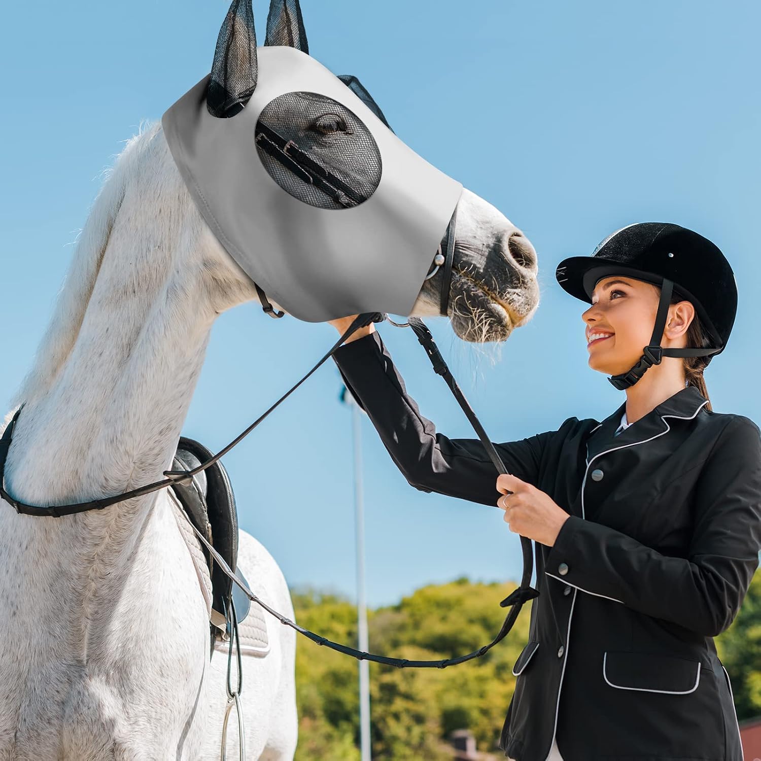 Gray horse fly mask showing 3D eye cut design