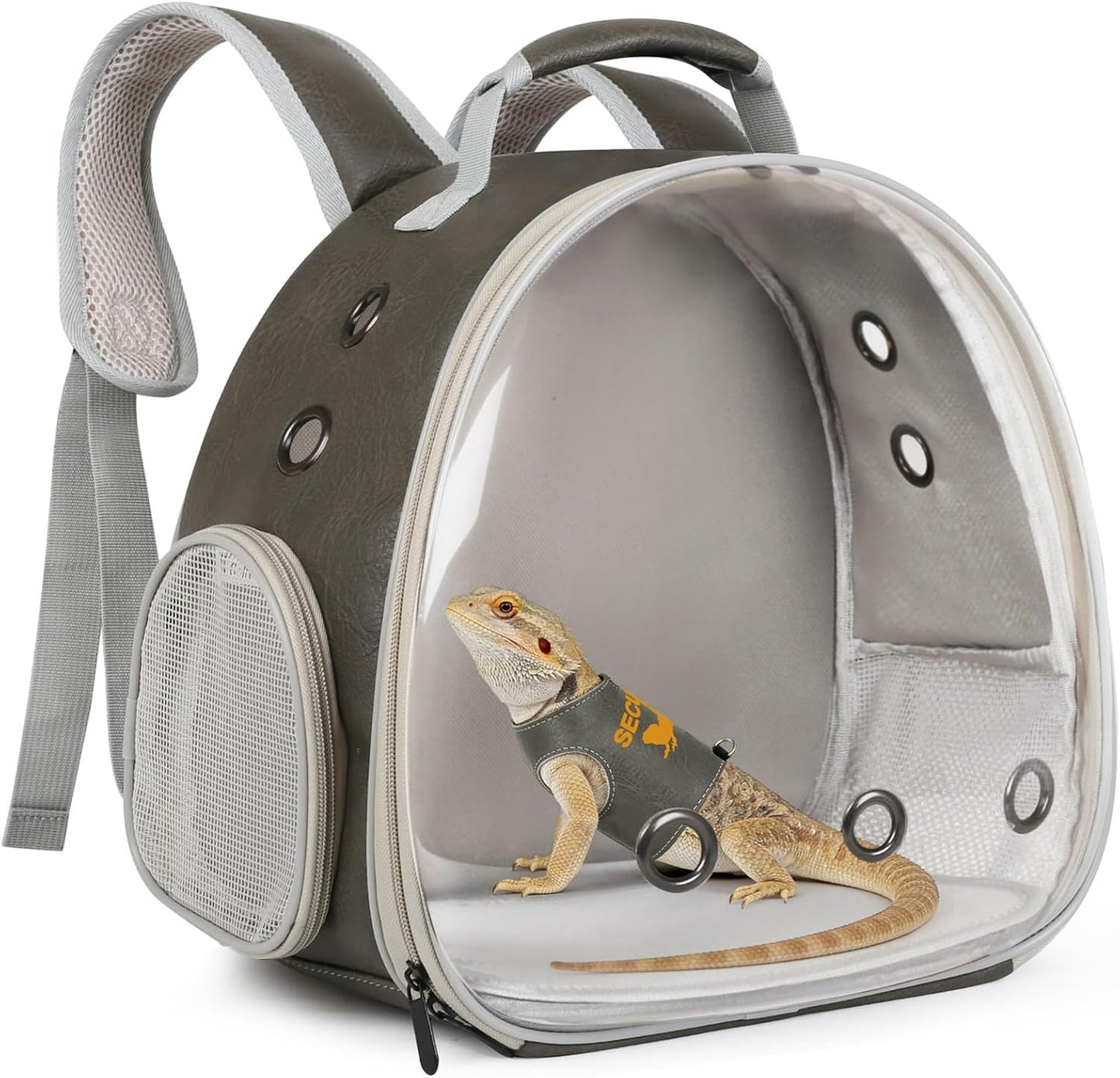 Bearded Dragon Carrier Backpack with Two Security Printing Harness with Leash Sets, Reptile Lizard Travel Bag to Carry and Transport Small Animal Kitten Bunny Guinea Pig to Vet(Brown, PU Leather) - Image 8