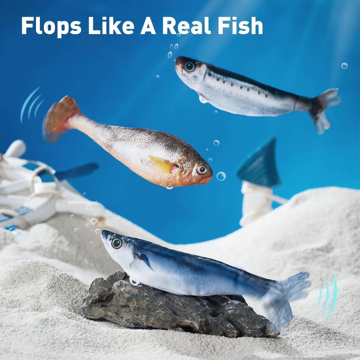 Detailed packaging of petgravity bite sized flopping fish cat toys