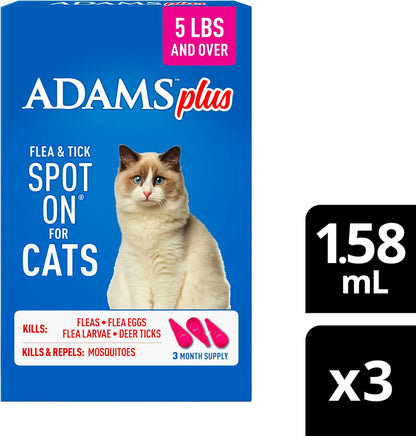 ADAMS Plus Flea and Tick Prevention Spot On for Cats, Kills Fleas & Ticks (Brown Dog/Deer Ticks), Kills and Repels Mosquitoes, Prevents Flea Infestations, 3-Month Supply, 3 Pack - Image 10