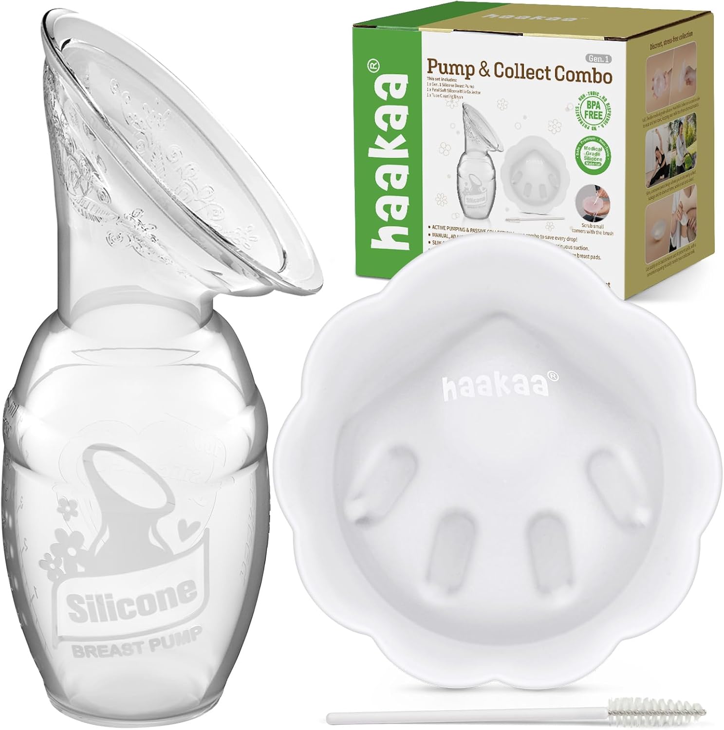 Haakaa manual breast pump and petal milk collector combo front view on a clean background.