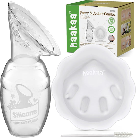 Haakaa manual breast pump and petal milk collector combo front view on a clean background.