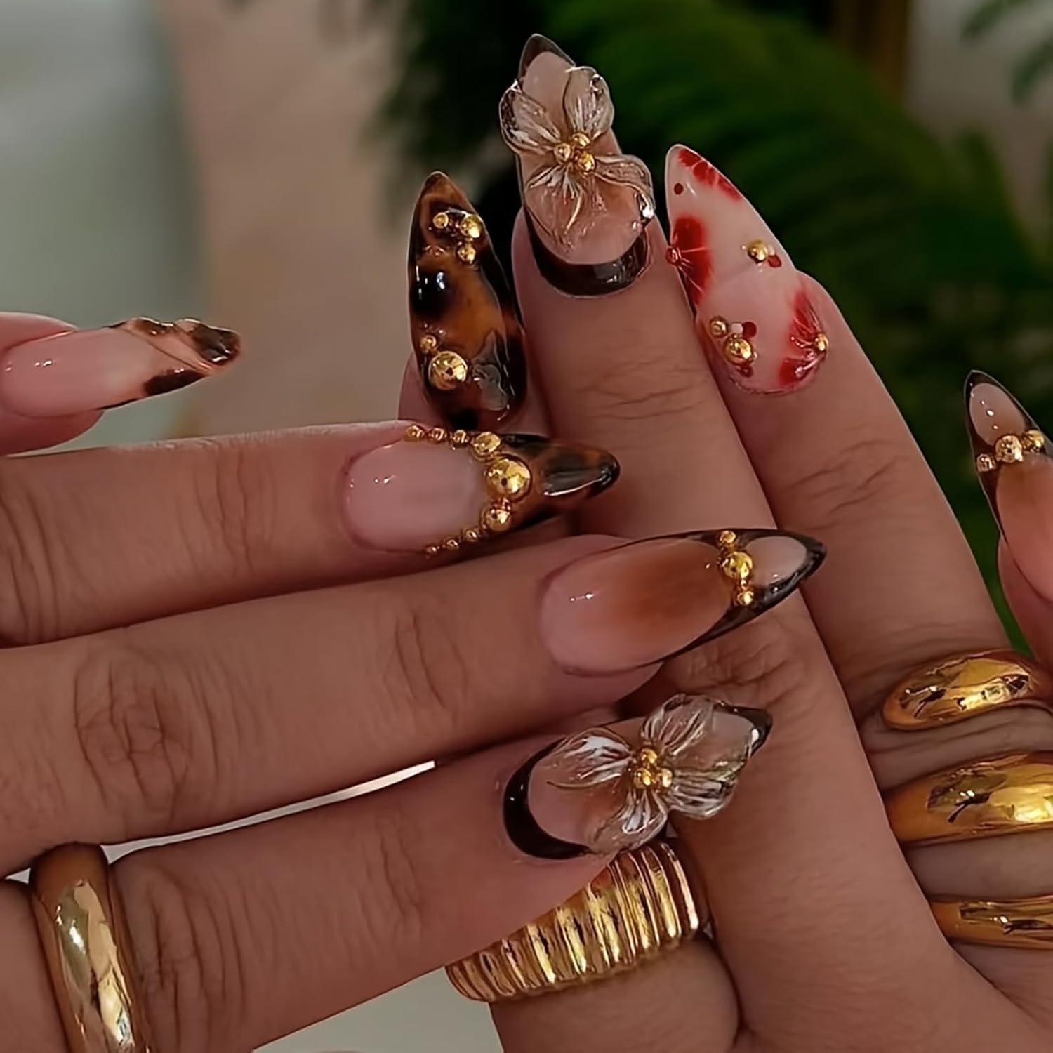 Hosaily medium almond 3d flower press on nails front view