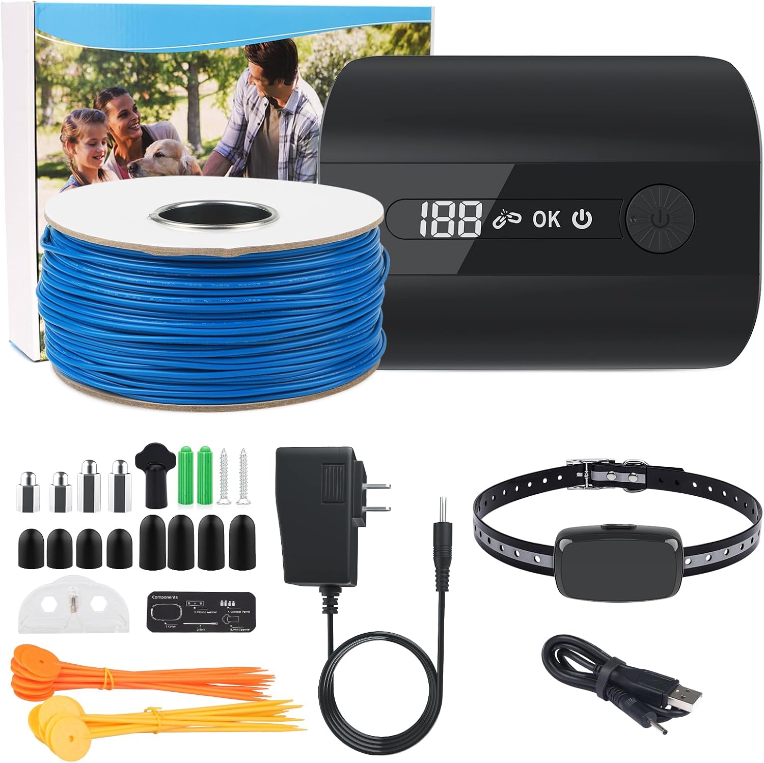 Rechargeable electronic pet boundary collar with durable nylon strap on a white background.