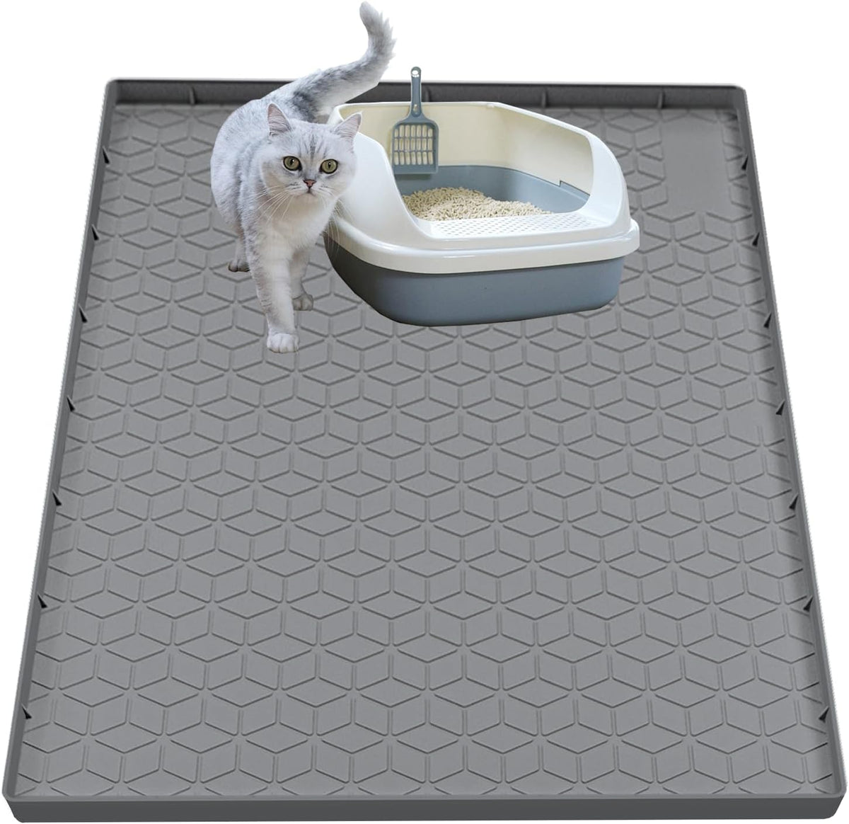 Jacooxi silicone cat litter mat gray front view in home setting