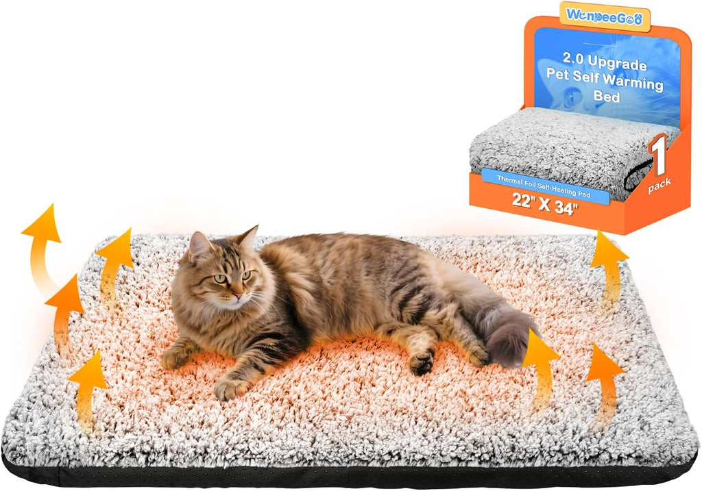 Washable pet warming mat laid out on a living room tile floor