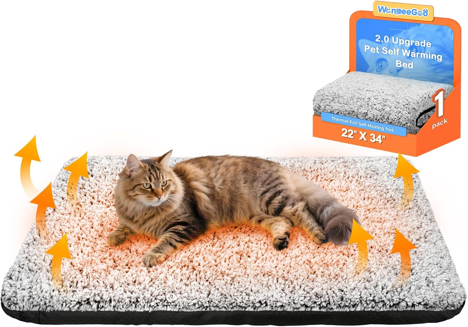 Washable pet warming mat laid out on a living room tile floor