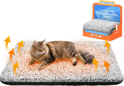 Washable pet warming mat laid out on a living room tile floor