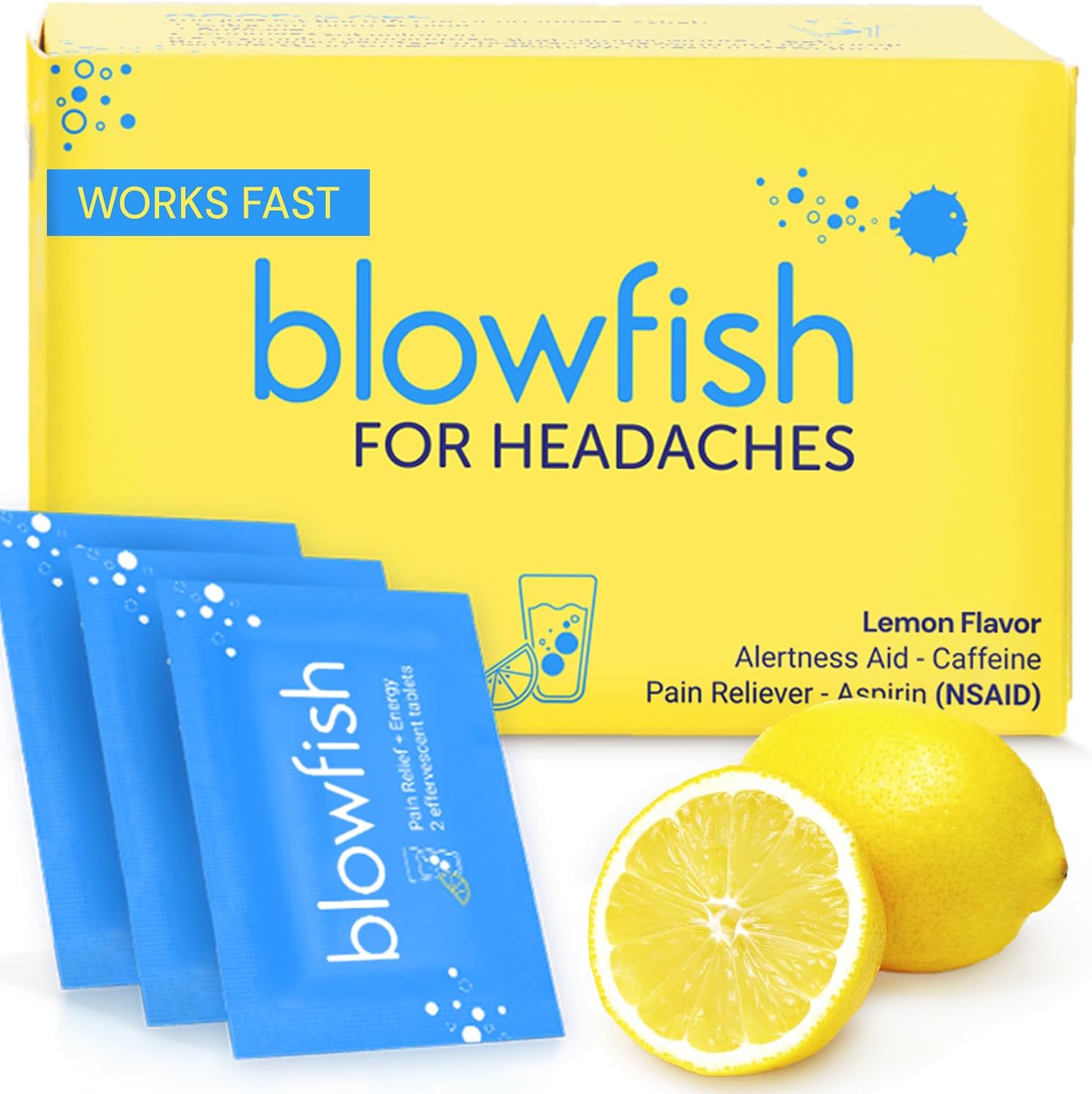 Blowfish maximum strength effervescent headache pain relief tablets front view pack