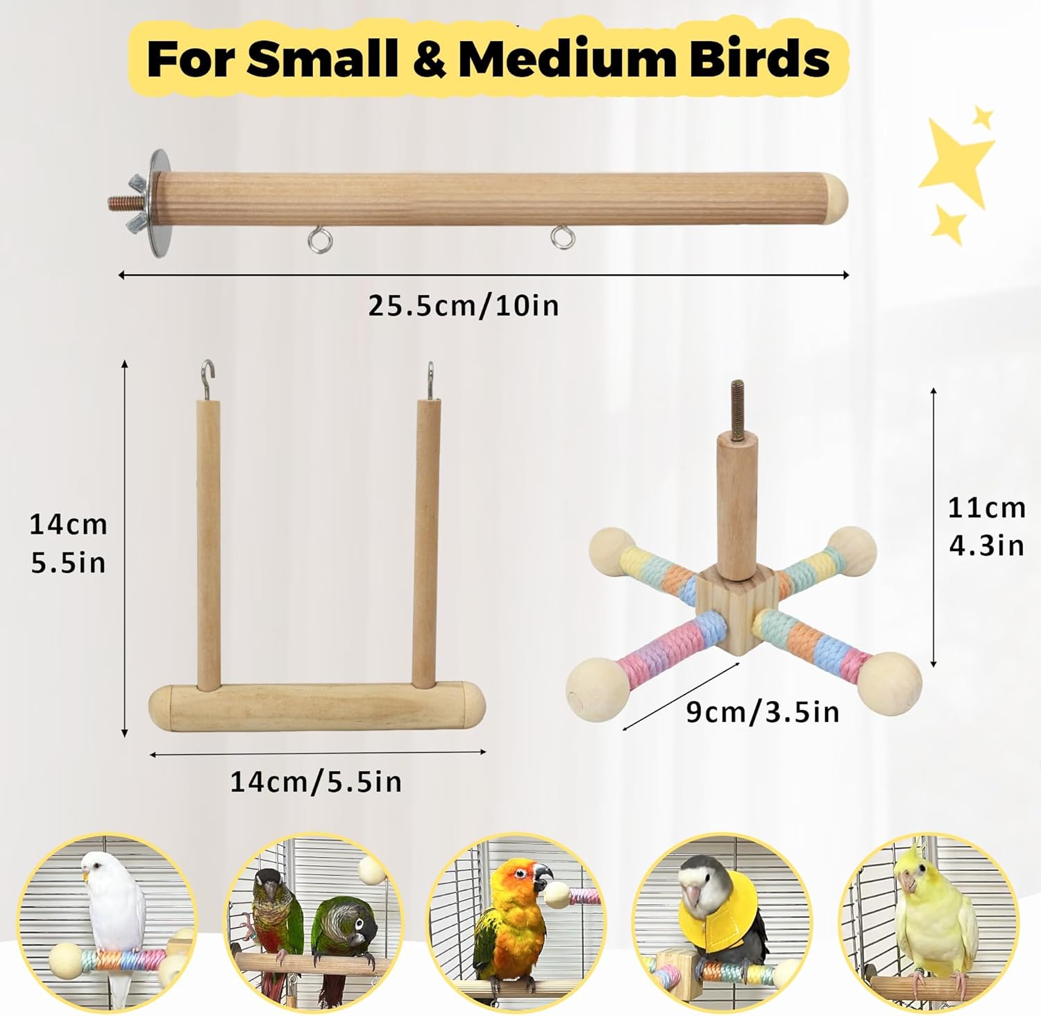 Multi functional bird activity gym with spinning wheel and lower swing