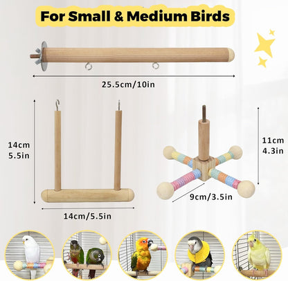 Multi functional bird activity gym with spinning wheel and lower swing