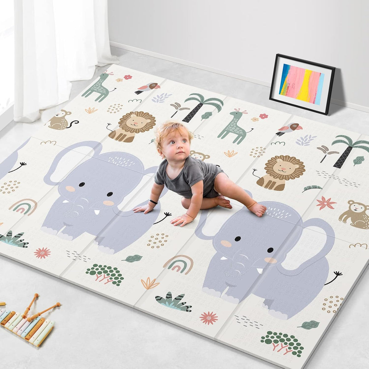 Noonkty extra large foldable baby play mat front view with elephant pattern