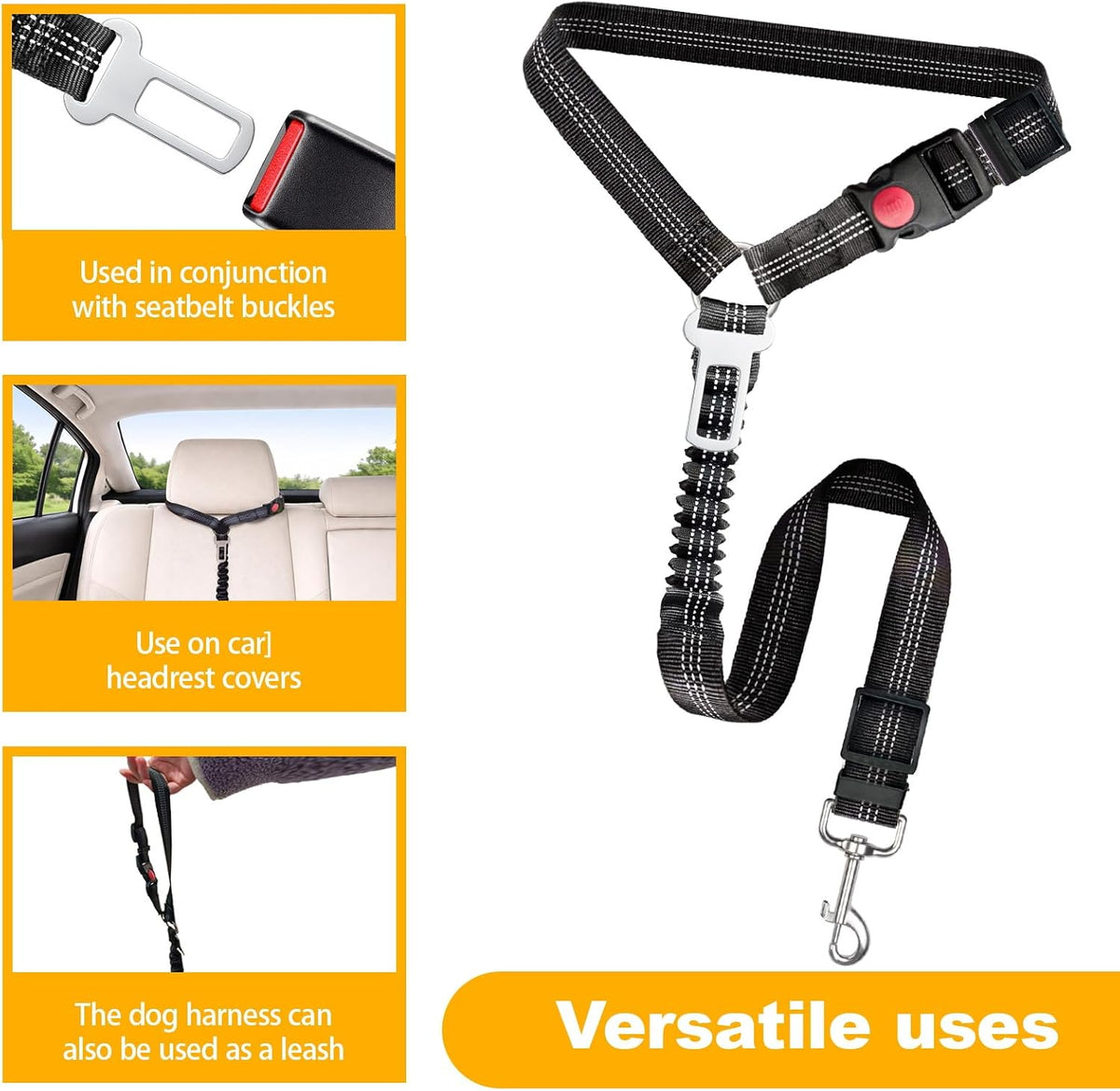 Frskcssd dog seat belt showing adjustable slider and bungee buffer