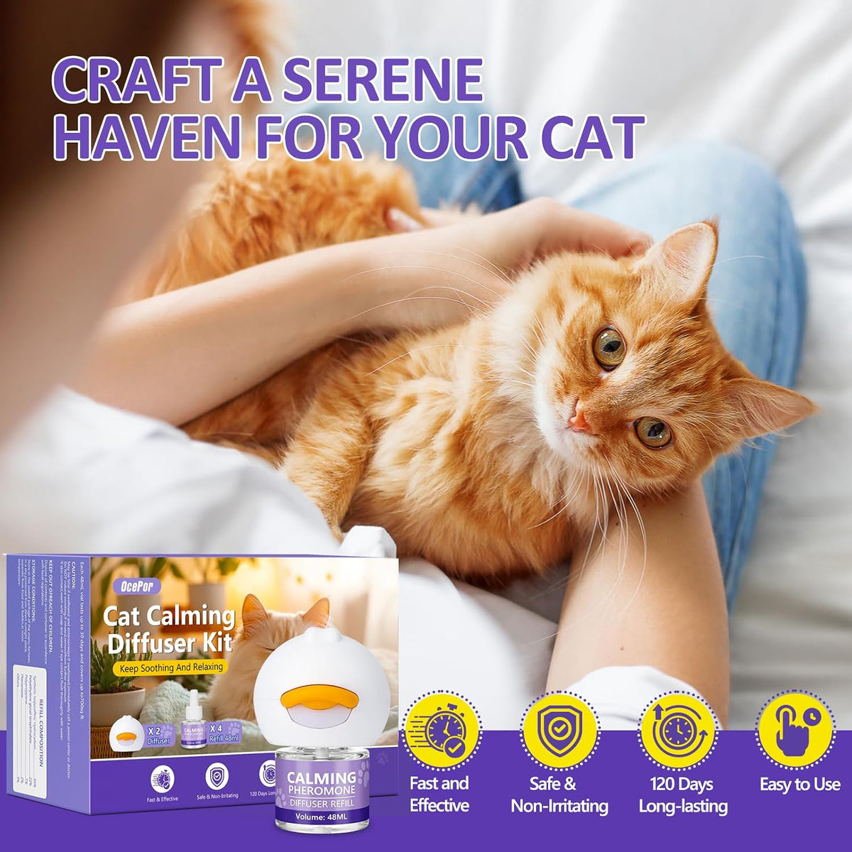 Calming pheromone diffuser plugged into an open wall outlet to reduce scratching and spraying.