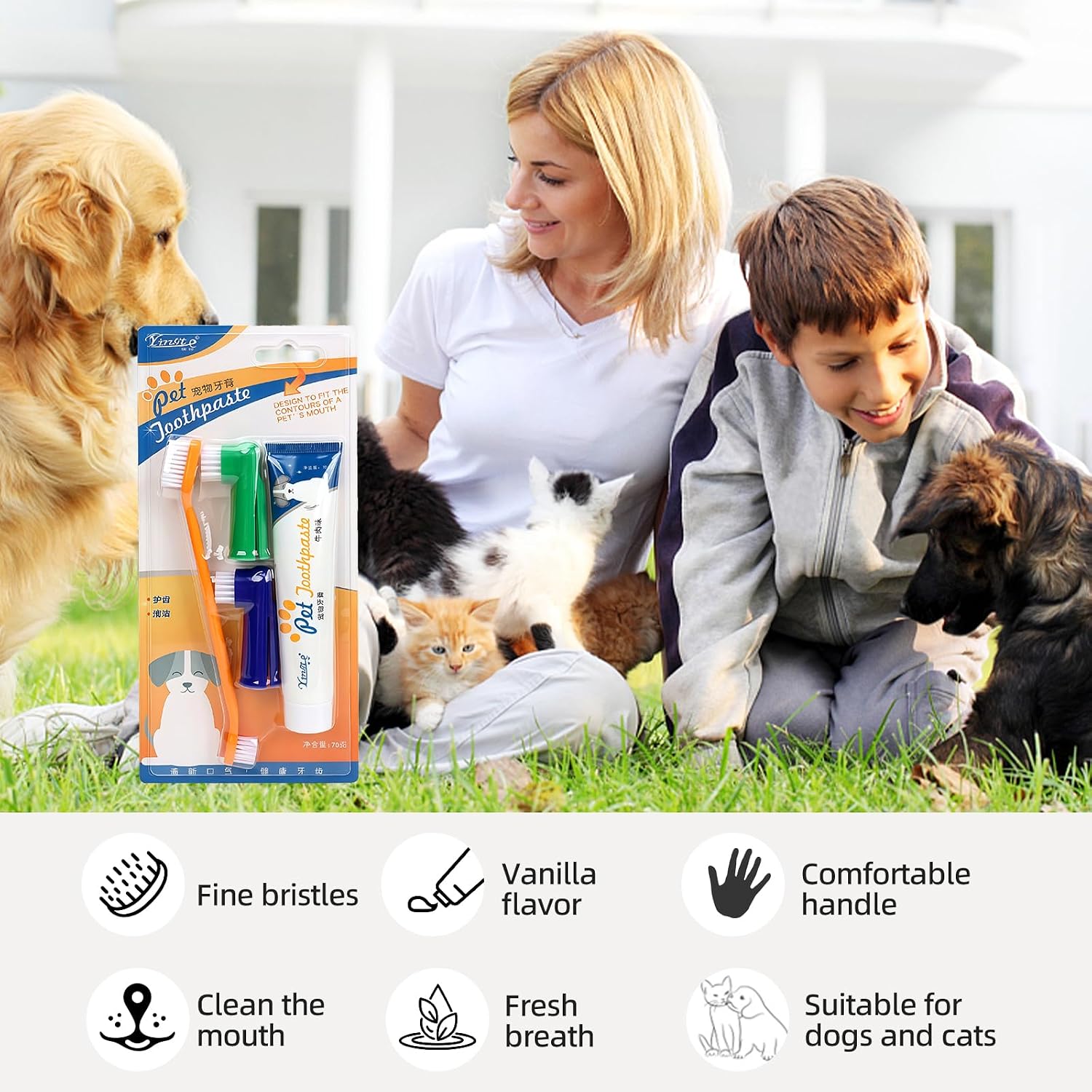 Saficco puppy oral care kit packaging showing complete dental hygiene set.