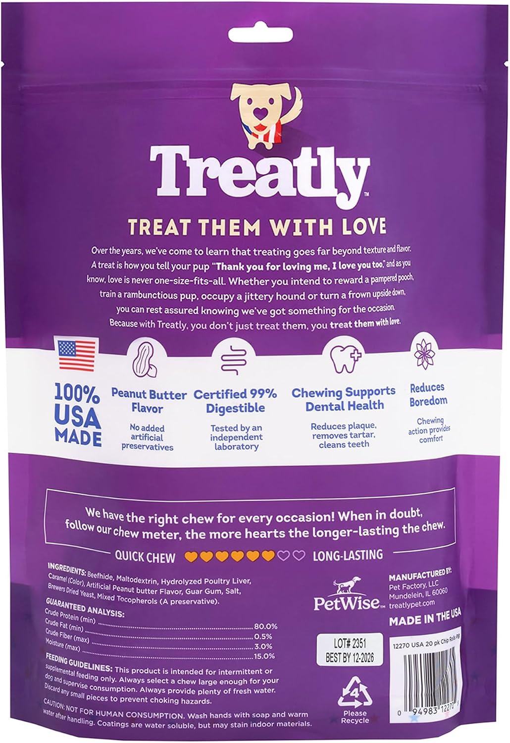 Treatly peanut butter flavor dog chews pack of twenty packaging details