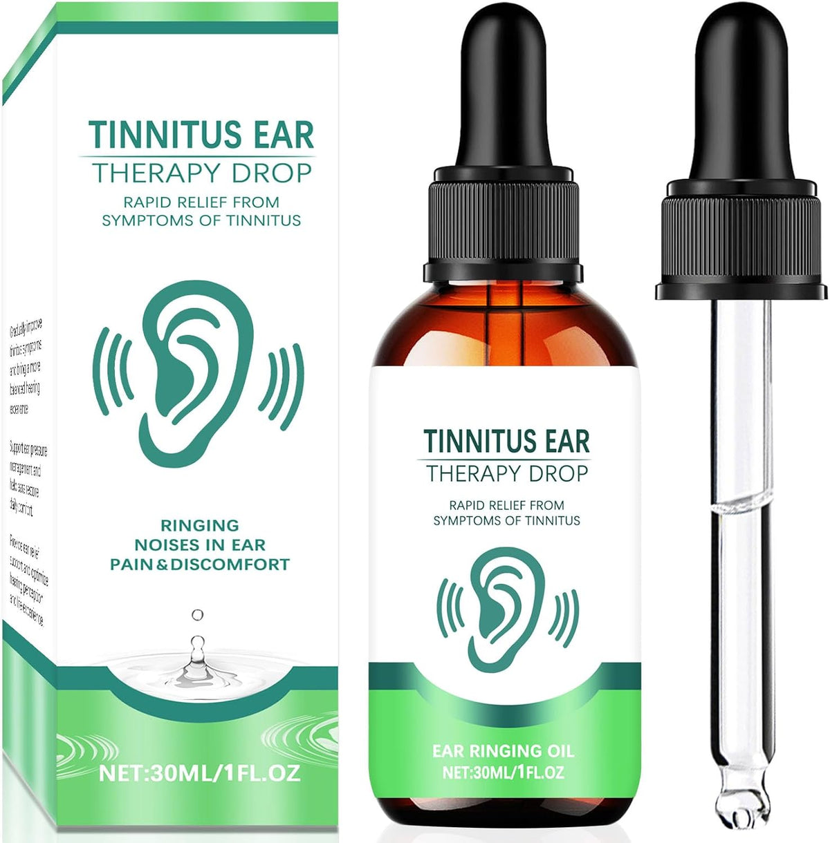 Anitiate Tinnitus Relief Ear Care Drops front view packaging and amber glass bottle