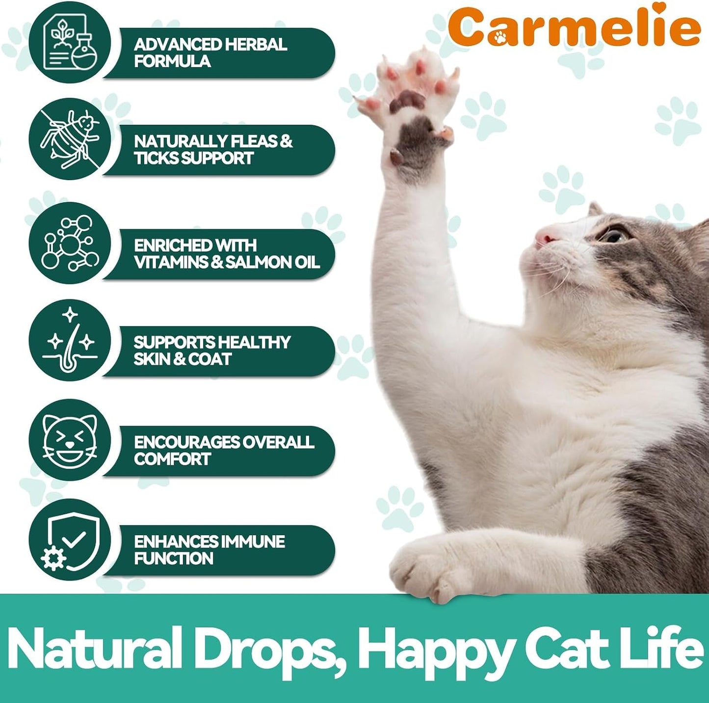 Carmelie cat pest protection supplement ingredient list showing wormwood and vitamins