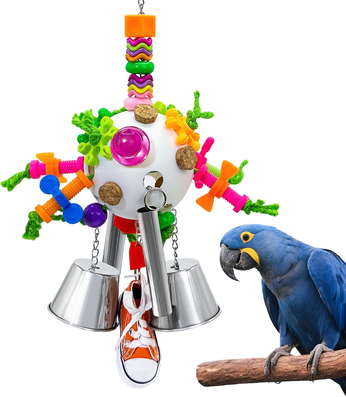 Loperdeve durable hanging parrot toy installed inside a standard pet bird enclosure